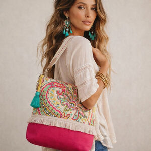 Spartina Paisley Linen Embroidered Pink Fringe Tote Bag